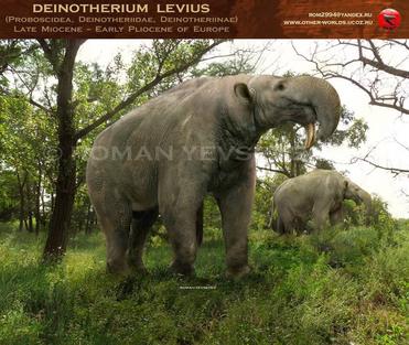 Deinotherium with offspring. Deinotherium was an enormous land mammal that  lived in Asia, Africa and Europe during the Miocene to Pleistocene Periods  Poster Print - Item # VARPSTCFR200653P - Posterazzi